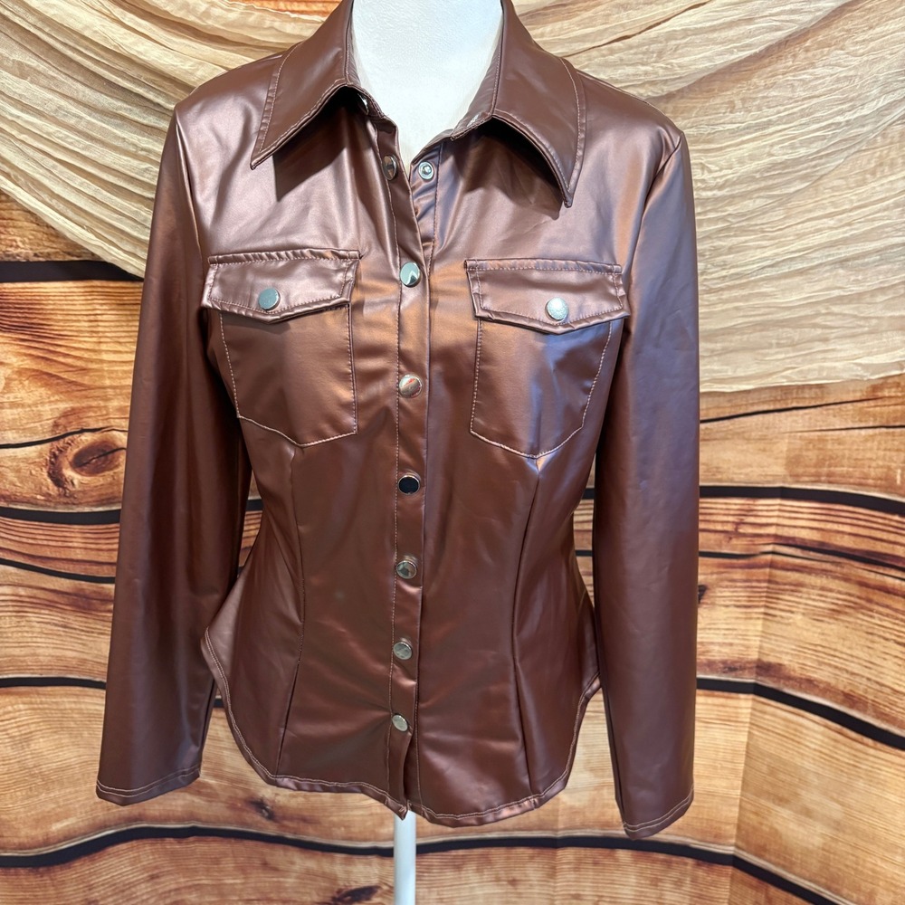Shein Bronze Womens Metallic GLAM Long Sleeve Button Down Trucker Jacket size 6